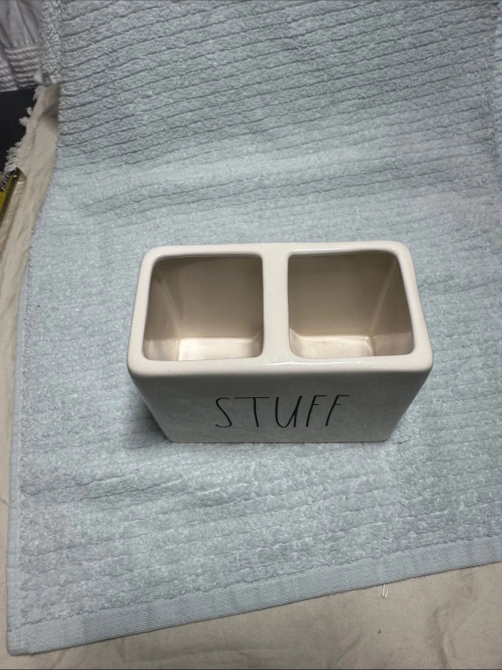 Cream 'STUFF' Ceramic 2 section storage container by Rae Dunn